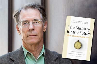 Kim Stanley Robinson with a photo of his book The Ministry for the Future as a sticker on the image. 